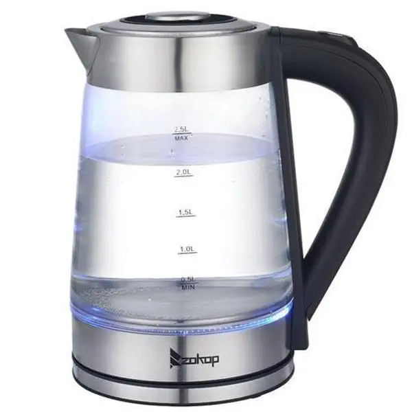ZOKOP HD-250 US Standard 110V 1100W Fast Heating 2.5L Stainless Steel Metal Household Electric Kettle - Blue Glass, Auto Shut-Off, Boil-Dry Safe, Overheat Guard, Ergonomic Handle, Lid Release Button, LED Illuminated, Ideal for Home