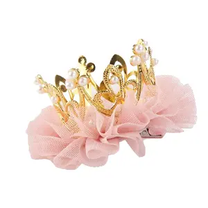 SQ-Baby Crown Hair Pins Princess Girls Crown Tiara Hair Clips Tulle Mesh Tiaras for Kids Gift (Gold)