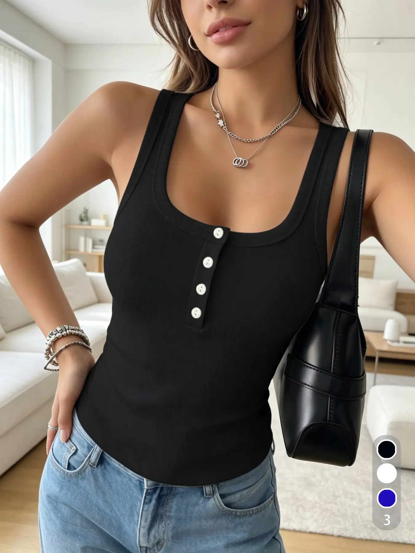 Women's Solid Color Ribbed Sleeveless Tank Top, Front Button Round Neck Slim Fit Top, Stretchy Slimming Basic Summer Vest, Casual Sleeveless Knit Daily Wear, Basic Inner Top
