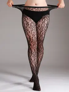 Plus Size High Stretch Leopard Print Fishnet Leggings, Sexy Hollow Net Stockings, Fashionable Halloween Costume, All Seasons