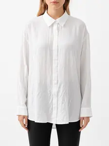 White Textured Button-Up Shirt – Relaxed Long Sleeve Collared Blouse