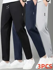 3pcs Men's Summer Sports Pants, Athleisure Pants, Athletic Bottoms, Fitness Trousers, Quick-Dry Breathable Outdoor Running Fitness Straight Leg, Ideal for Golf & Casual Business Wear, Athleisure Style Bottoms