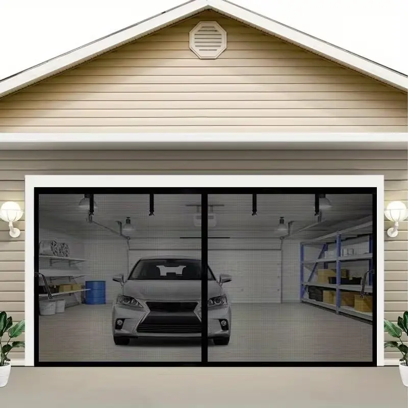 1-Car Garage Screen Curtain, Magnetic Auto Sealing Fiberglass Mesh Door, Anti Bug Animal Screen Net, Garage Screen Doors, Easy Installation