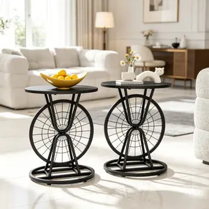 Clearance Sale! 2 Piece Vintage Industrial Wheel Design Side Table Set, Round Rustic Accent Table with Sturdy Metal Frame, Farmhouse Style Coffee Table for Living Room, Bedroom, Office and Small Space Decor