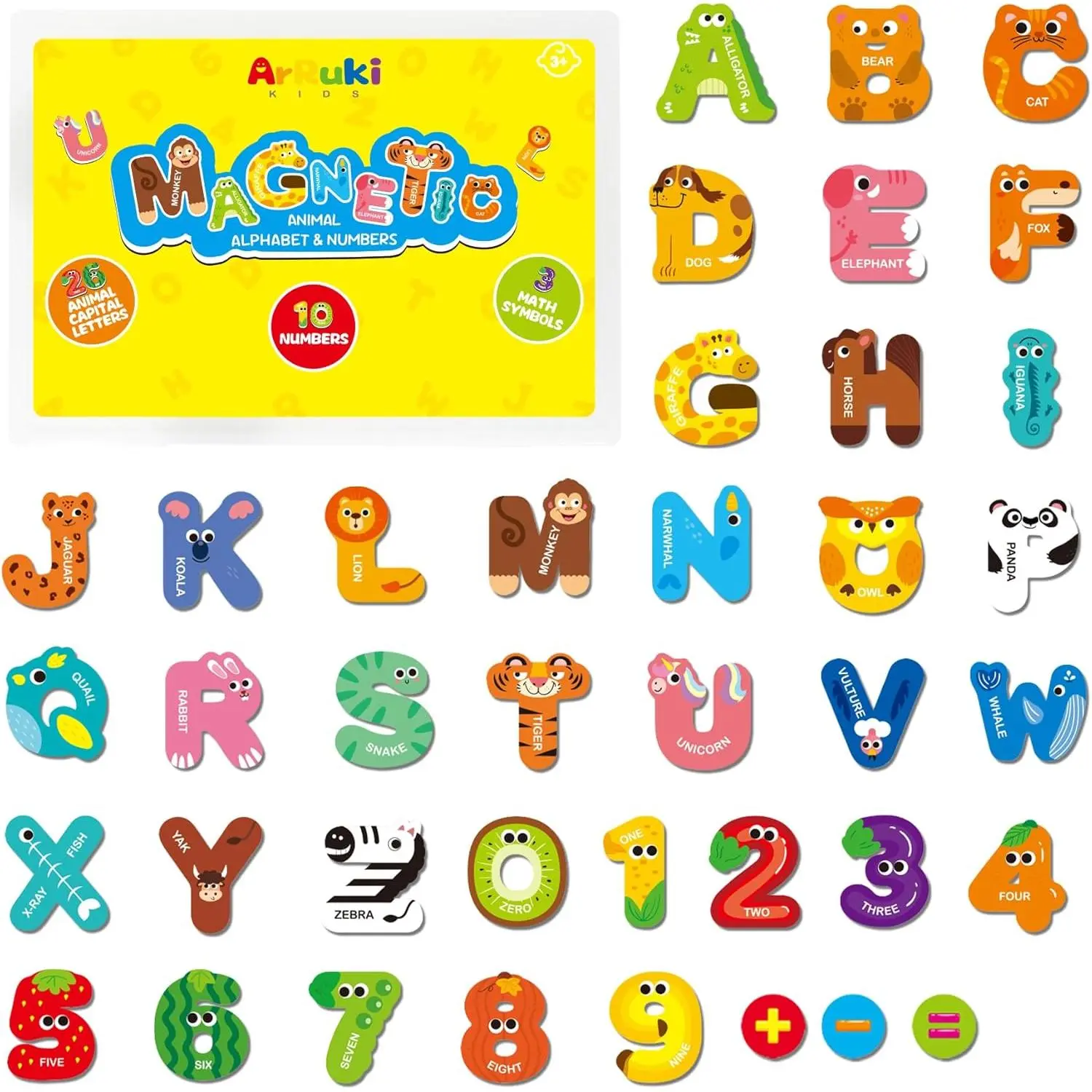 39PCS Magnetic Refrigerator Letters & Numbers Kit - Animal Shapes (Horse, Snake, Zebra, Owl) Kids Alphabet & Number Fridge Magnets for Toddlers 1-3