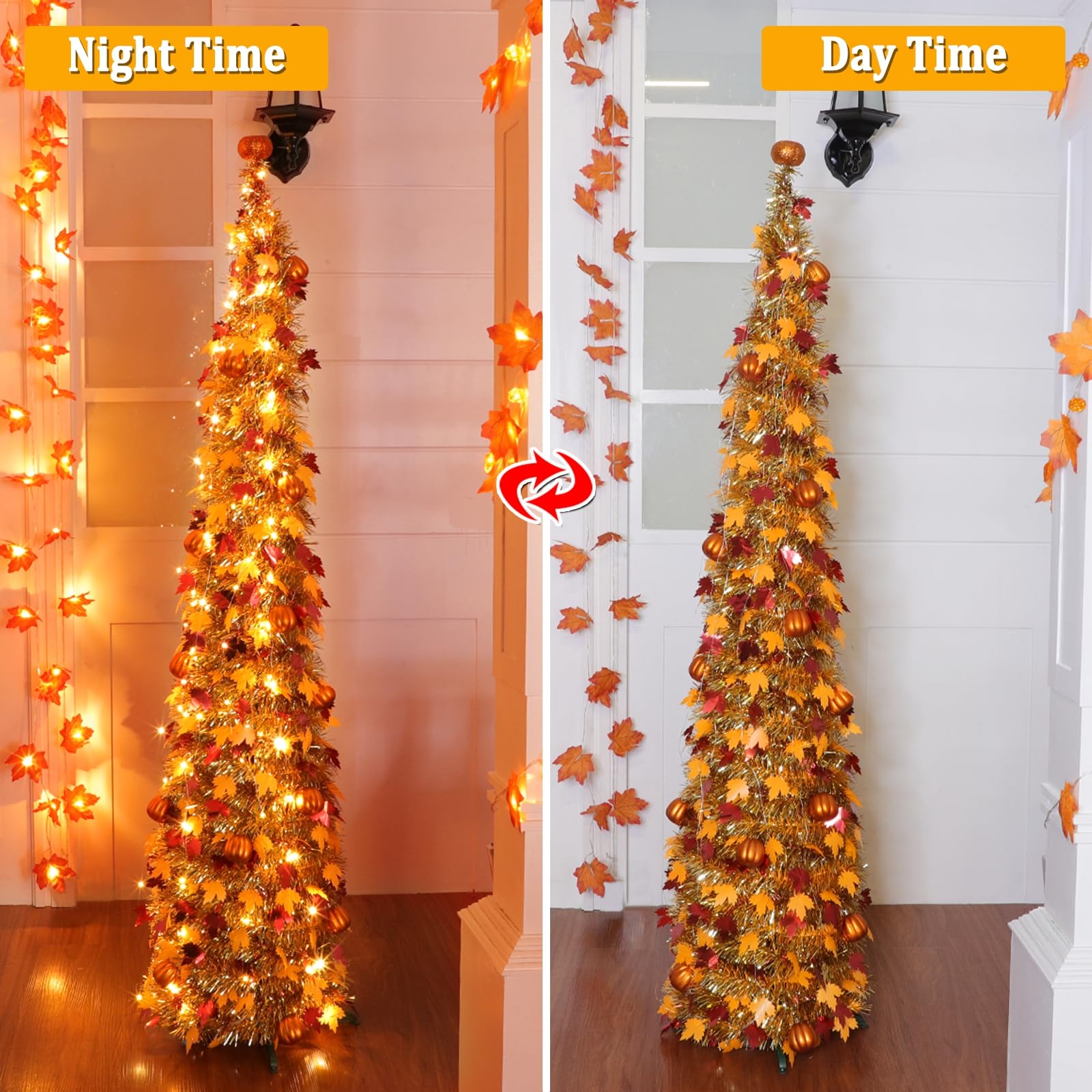 TURNMEON 5 FT Fall Tree Fall Decor, Pop Up Tinsel Maples Tree with 50 Warm White Lights Orange Pumpkins Battery Operated Lighted Halloween Tree Fall Decorations for Home Harvest Thanksgiving Party Indoor