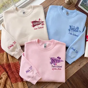 Embroidered Custom University Sweatshirt , Personalized College Name Pennant Crewneck, Graduation Gift for Her,Custom Name on Sleeve Sweater