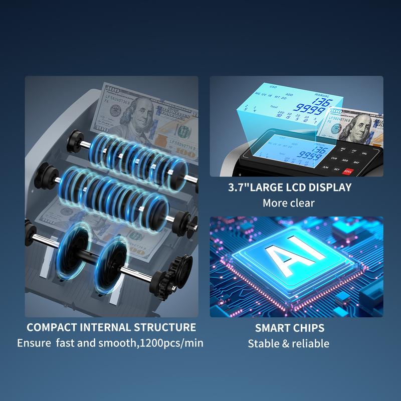 PONNOR Money Counter Machine with UV/MG/IR/MT/DD Detection for Fake Bills, LCD Display, Coin Box, COUNT/ADD/BATCH/AUTO Modes, Silent Operation, 1200 Notes/Minute