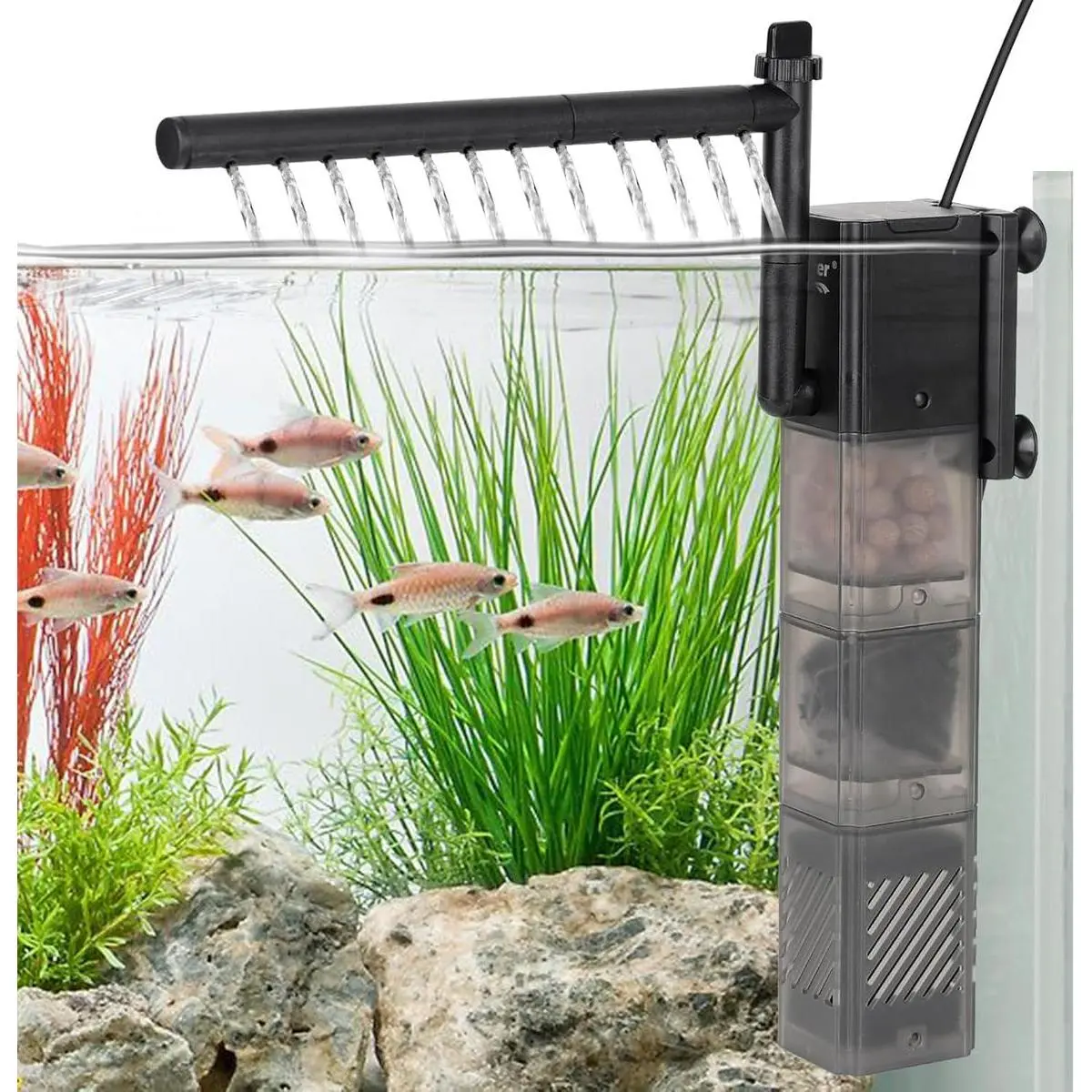 aquarium filter  5 in 1 Multiple Function Power Quiet  Fish Tank Filter with Rainfall Aeration 3-Stages Filtration Adjustable Submersible Internal   and  Water changer  Fish Filter for 2 to 45 Gallon fish tank