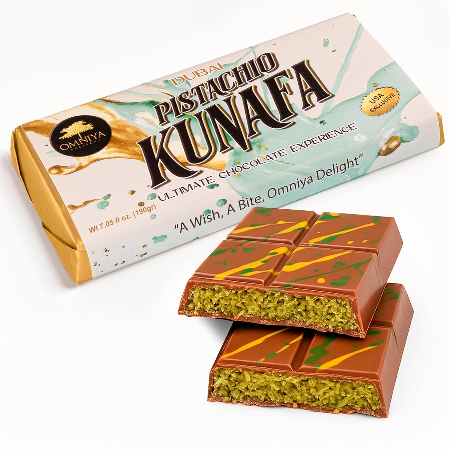 OMNIYA Pack Of 2 Delicacy Dubai Chocolate Bar Pistachio Kunafa 190g Crispy Pistachio Knafeh Layer with Creamy Belgian Chocolate Viral Middle Eastern Dessert Fusion Gourmet Sweet Treat for Gifting (1 Bar)