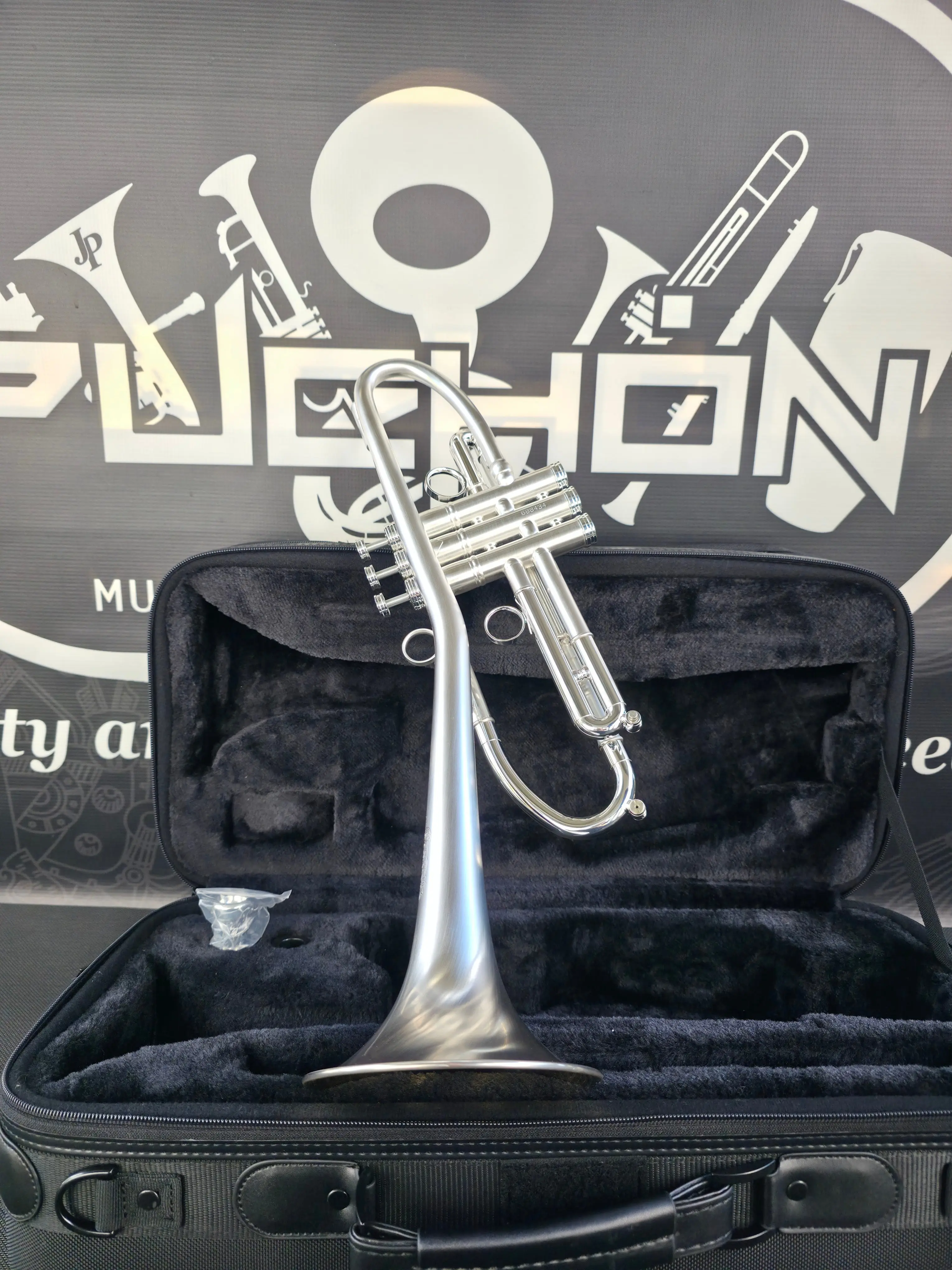 Solario Balam Satin Silver Bb Trumpet - Diagonal Bent 5.25" Big Bell