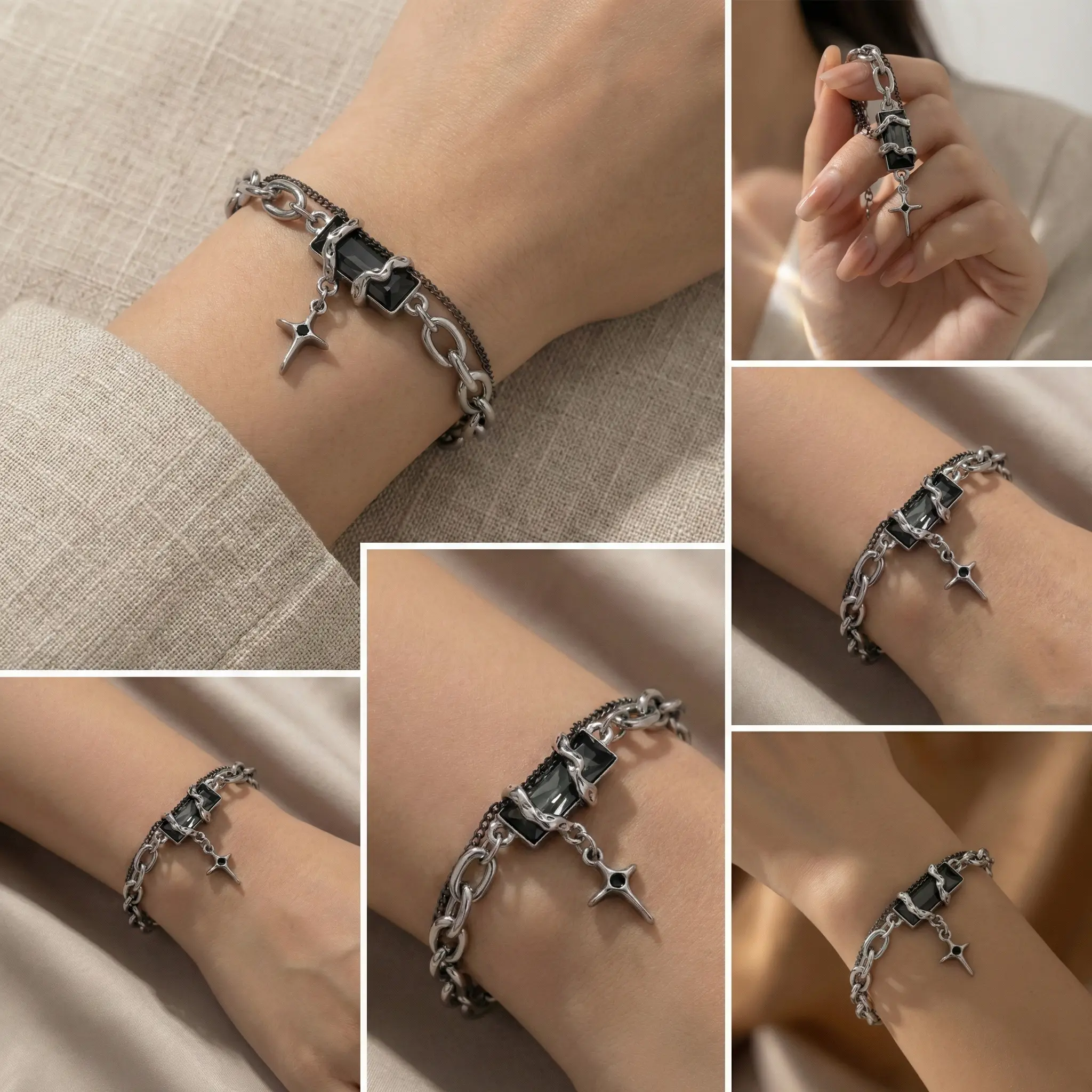 Punk Style Cross Bracelet, Cyber Y2K Silver Tone Chain with Black