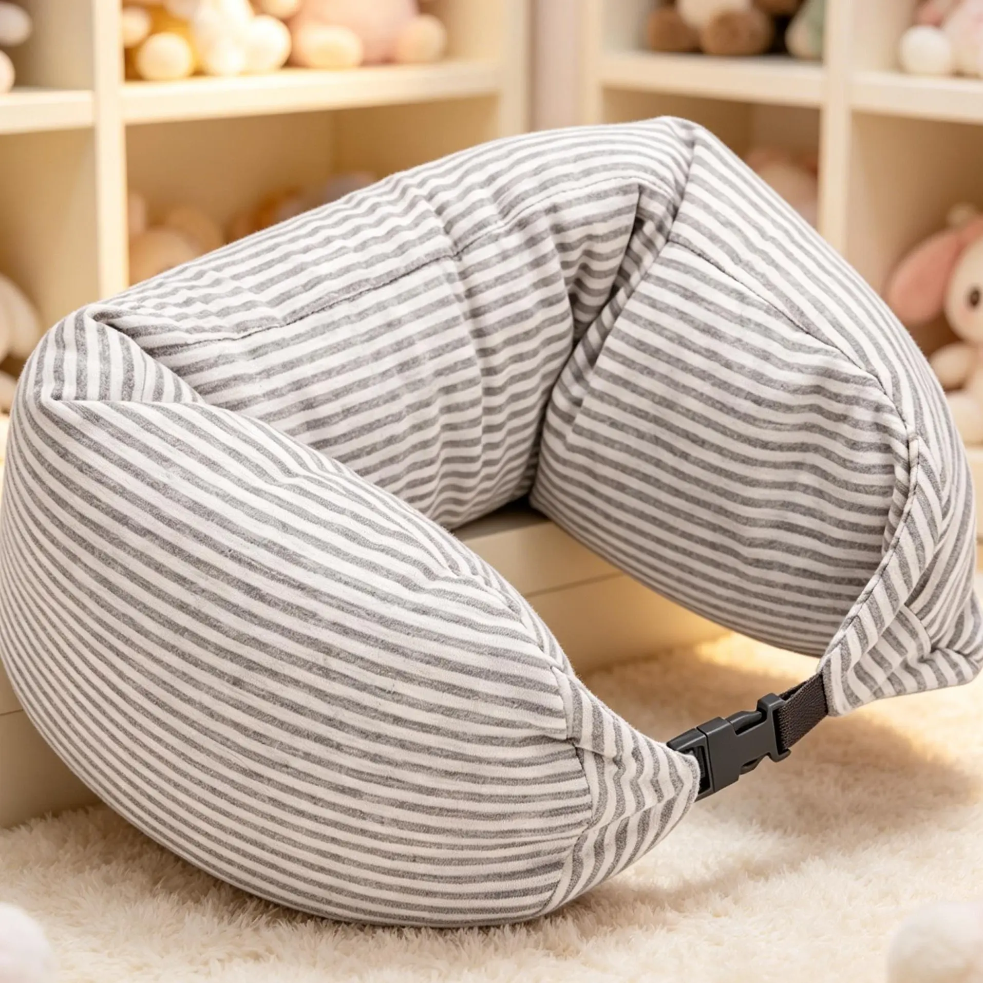 MINISO Bread Particle U-Shaped Stuffed Neck Pillow with Neck Support, Soft Portable Traveling Accessory for Airplane, Office Nap, Light Gray Stuffed Toy, Back To School
