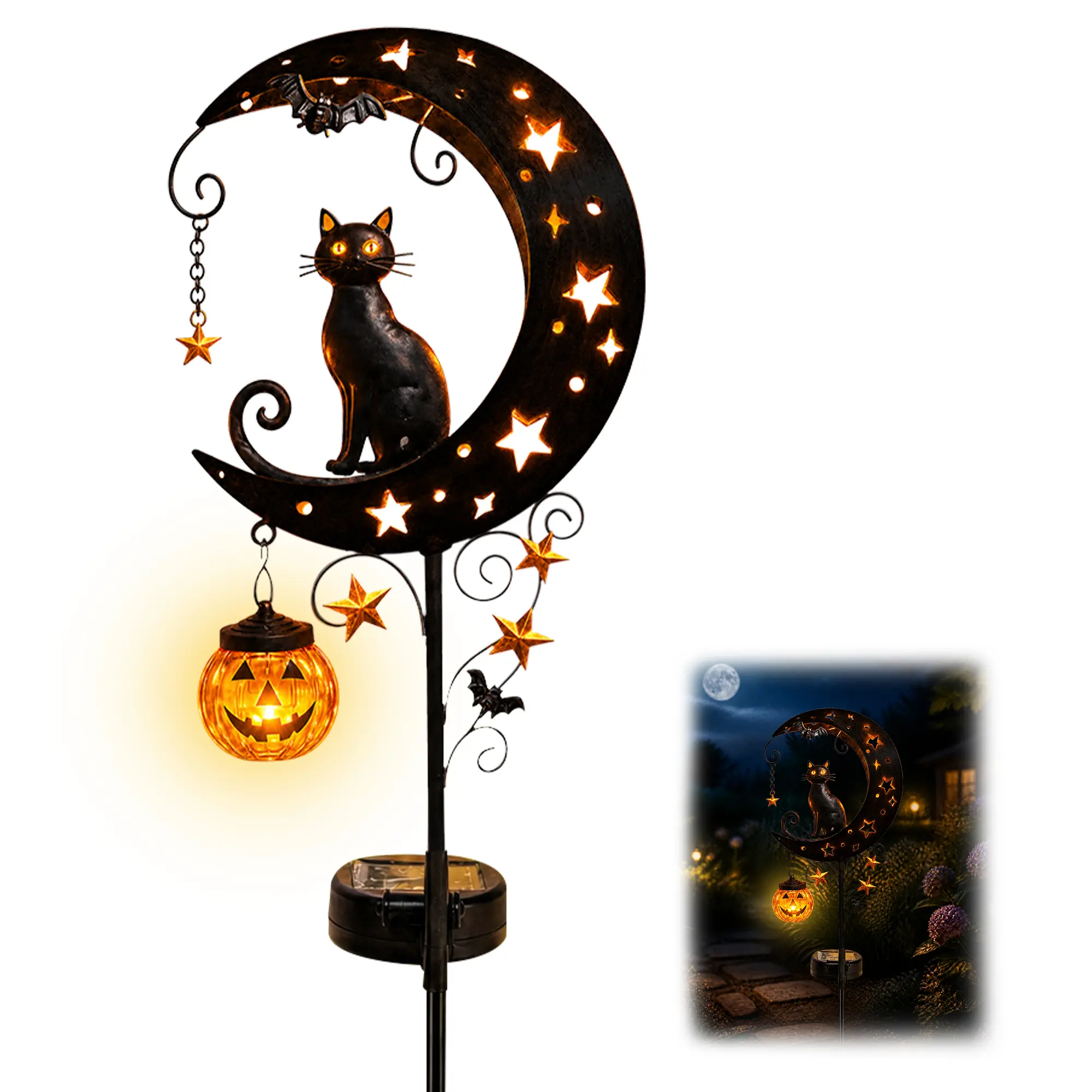 Solar Halloween Black Cat Moon Garden Stake Light with Pumpkin Lantern, Waterproof Outdoor Auto On/Off Solar Decor, Spooky Lawn Light for Garden, Patio (1/2 Pack) homedecor