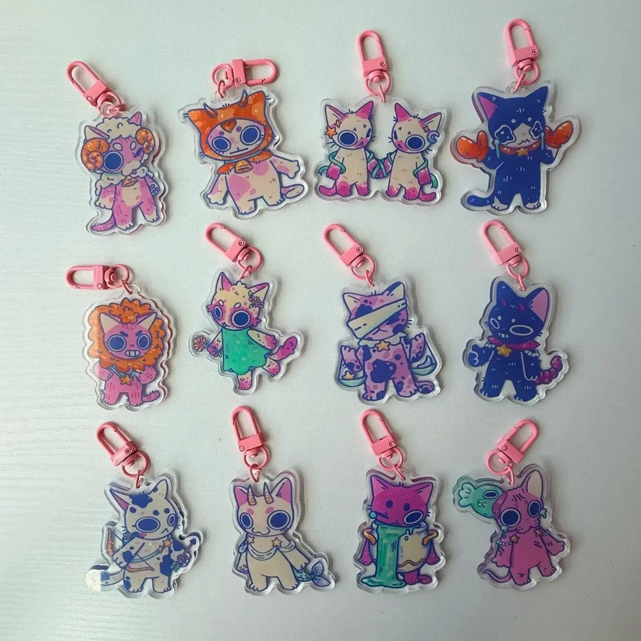 12 ops Cute Zodiac Sign Cat Acrylic Keychains, bag charms, Cat art, Astrology, Star Sign