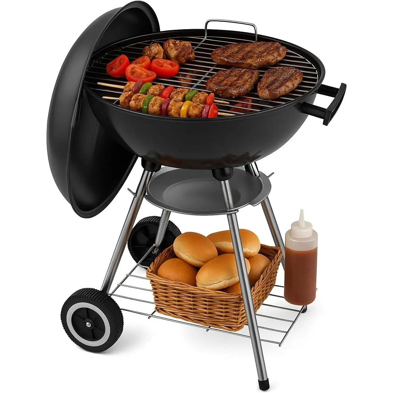 18 Inch Portable Charcoal Grill – Heavy-Duty Round BBQ Grill with Thickened Grilling Bowl, Sturdy with 4 Legs & Wheels for Small Outdoor Barbecue, Camping, Travel, Tailgating & Backyard Cooking