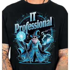 IT Professional Wizard Graphic Tee, Unisex Tech Geek Sarcastic Novelty Short Sleeve Apparel for Men and Women, Aesthetic SysAdmin Computer Science Fashion Top, Viral Trendy Software Engineer Streetwear Shirt