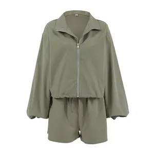 Gray Sporty Windbreaker Set Women's Oversized Jacket Shorts Outfit Breathable Casual Lightweight Activewear Elegance Matching Clothes