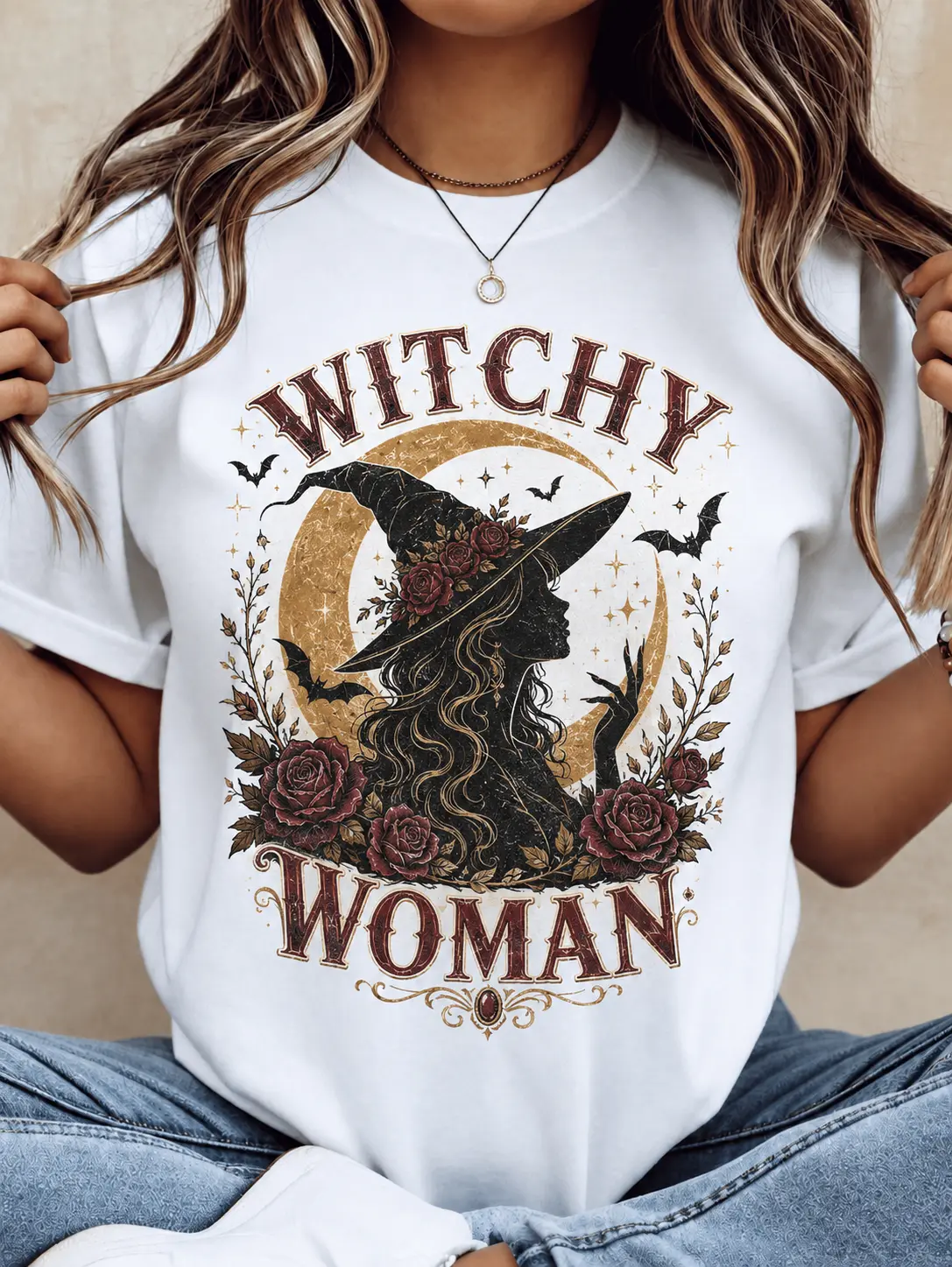 Women's Plus Size T-Shirt, Gothic Witch Graphic Print Casual Loose Fit Cotton Shortsleeve Top for Everyday Wear
