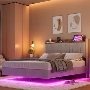 Queen Floating Bed Frame with LED Lights & USB Charging, Modern Upholstered Platform Bed, Headboard, Solid Wood Slats, No Box Spring,Gray