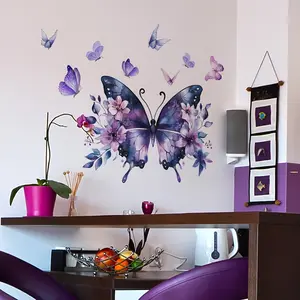 A (30*60cm) creative hand-painted purple butterfly and flower spring wall sticker for living room and bedroom decoration background, a dreamy wall sticker, Decorative Decal, Home Decor (M12007-YX)