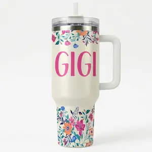 Mother's Day Gift: "GIGI" 40oz Tumbler with Handle, Pink Floral Aesthetic Insulated Water Bottle, Unique Birthday Gift for Grandma Gigi from Grandkids