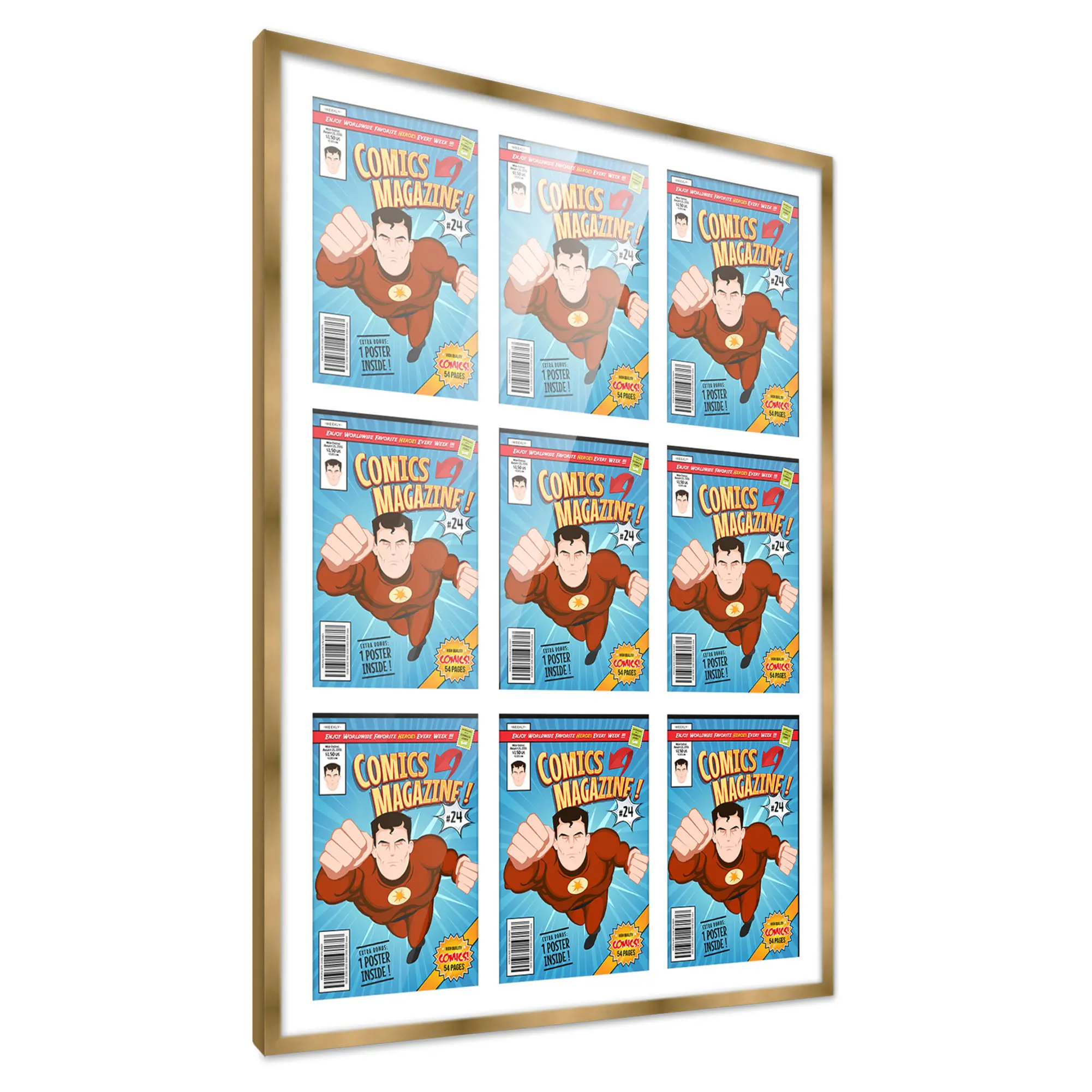Comic Book Frame with Mat for 9 Silver Age Comics Published Between 1956 and 1970 - Bronze Wood Comic Frame With White Mat for 7.125x10.5 Comics - 29x38.5 Frame Size