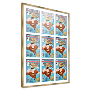 Comic Book Frame with Mat for 9 Silver Age Comics Published Between 1956 and 1970 - Bronze Wood Comic Frame With White Mat for 7.125x10.5 Comics - 29x38.5 Frame Size