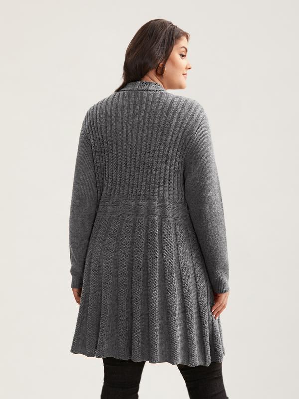 BLOOMCHIC Gray Plain Textured Kimono Collar Long Sleeve Fitted Cardigan for Women Winter Casual Everyday Style Minimalist OL Cut-Out Design Loose Fit Basic Knitwear Tunic Black Womenswear