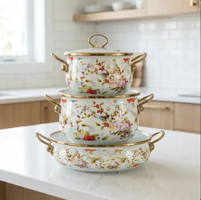 Enamel Stainless Steel Stockpot Cookware Set - Thick Deepened, Large Capacity, Ear Handles, Floral Bird Pattern Lid, Ideal for Home Use, Holiday Gifts