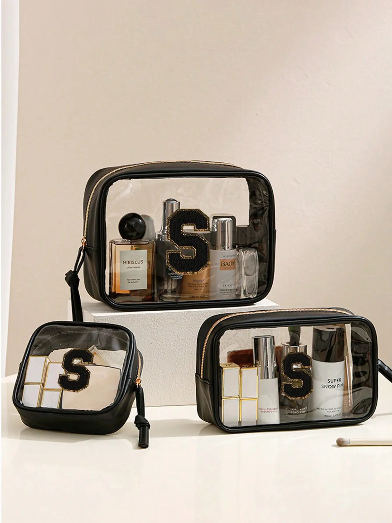 Transparent small makeup bag with black embroidered letters A-Z, mini clear makeup bag for handbags, cute transparent makeup bag suitable for school use, small waterproof square zippered makeup bag for travel, pencil case, home and vacation storage bag