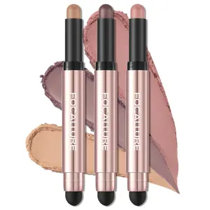 3 Pcs No Crease Eyeshadow Sticks,Shimmer & Matte Eye Shadow Crayon with Blending Brush,Smooth Cream Highlighter Pen,Long Lasting Eyes Brightener Stick Makeup,Peach Blossom