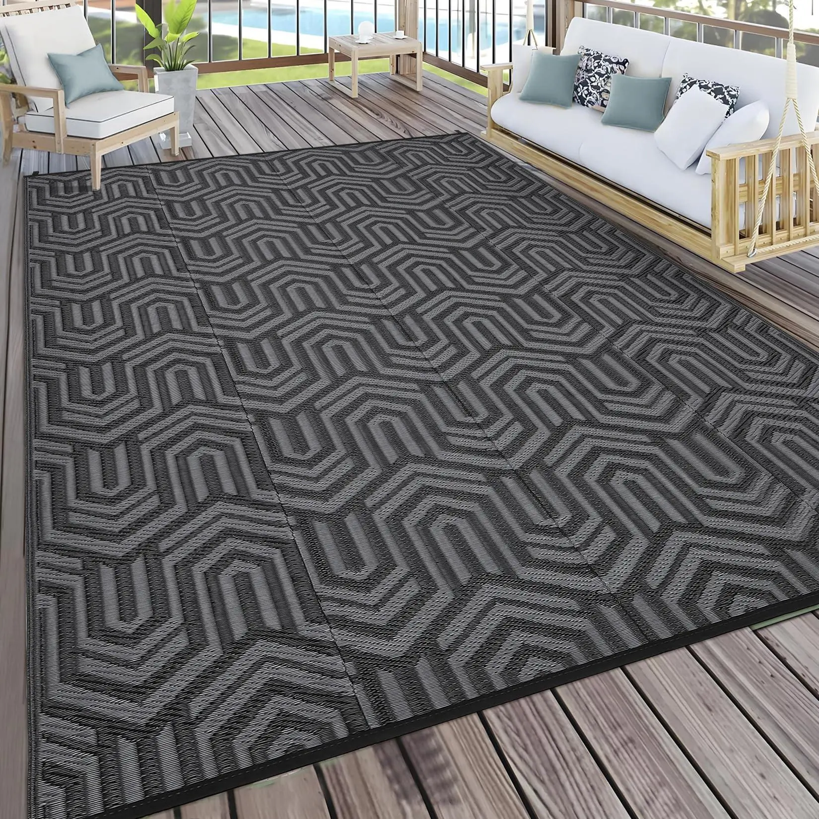 8'x10' Outdoor Rug Waterproof – Heavy Duty Patio Mat for Deck, Balcony, RV & Camping – Low Pile Reversible Plastic Mat with Geometric Pattern, Black Grey