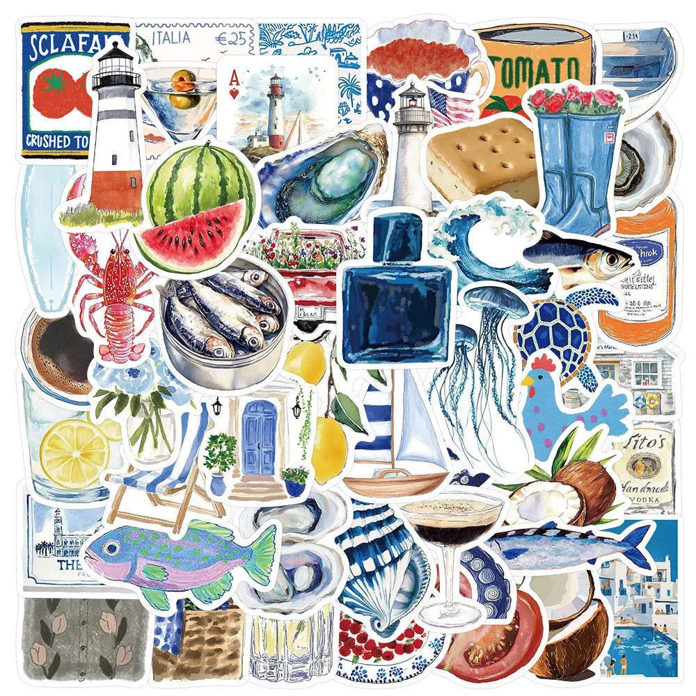 50PCS "Open Sea" Vintage Watercolor Adhesive Ocean Stickers Sticker Set - Decorative Supplies for Luggage, Hand Account & Phone Case Sticker Packs