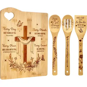 4Pcs Christian Gifts for Women Mom Faith Religious Gifts Inspirational Gift Cross Bible Verse Cutting Board Spatula Spoon Set for Elderly,Catholic Gift Christian Home Decor for Birthday Mother's Day