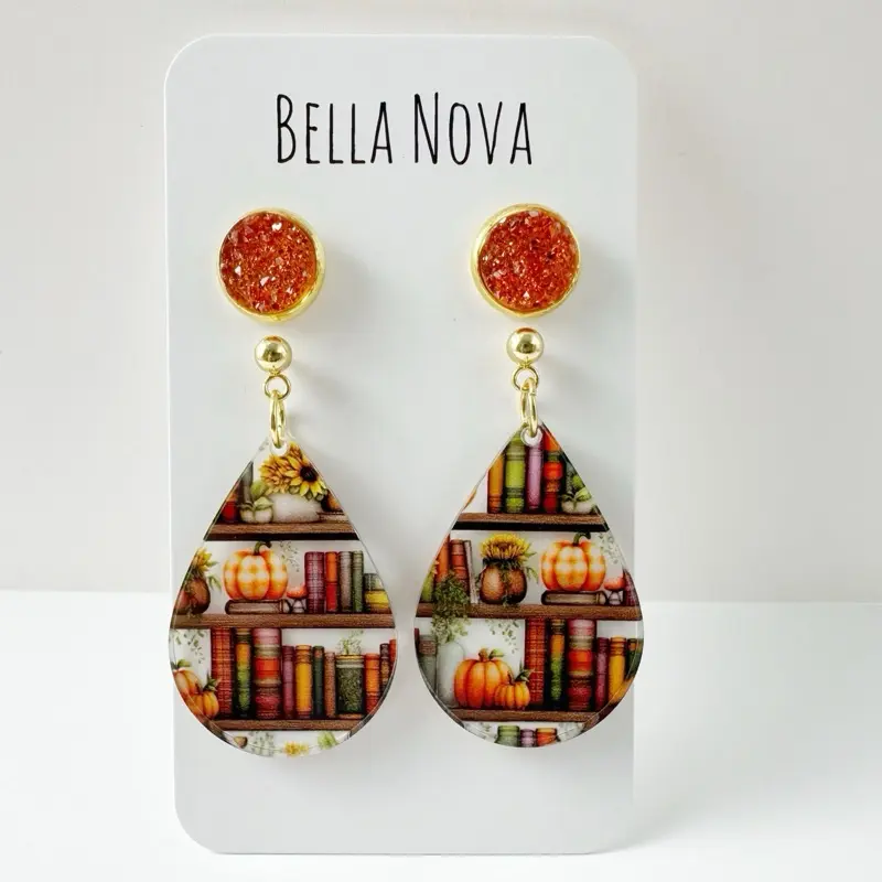 Bella Nova Sunflower Pumpkin Book Acrylic Drop Earrings Hypoallergenic Druzy Studs Unisex Jewelry for Book Lovers Daily Wear Gift