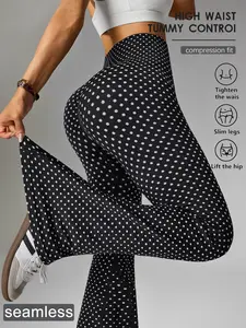 Women's Dot Micro Flare Sporty Casual Pants, Seamless High Waist Tummy Control Yoga Pants, Elastic Tight Pilates Fitness Wide Leg Pants, Womenswear