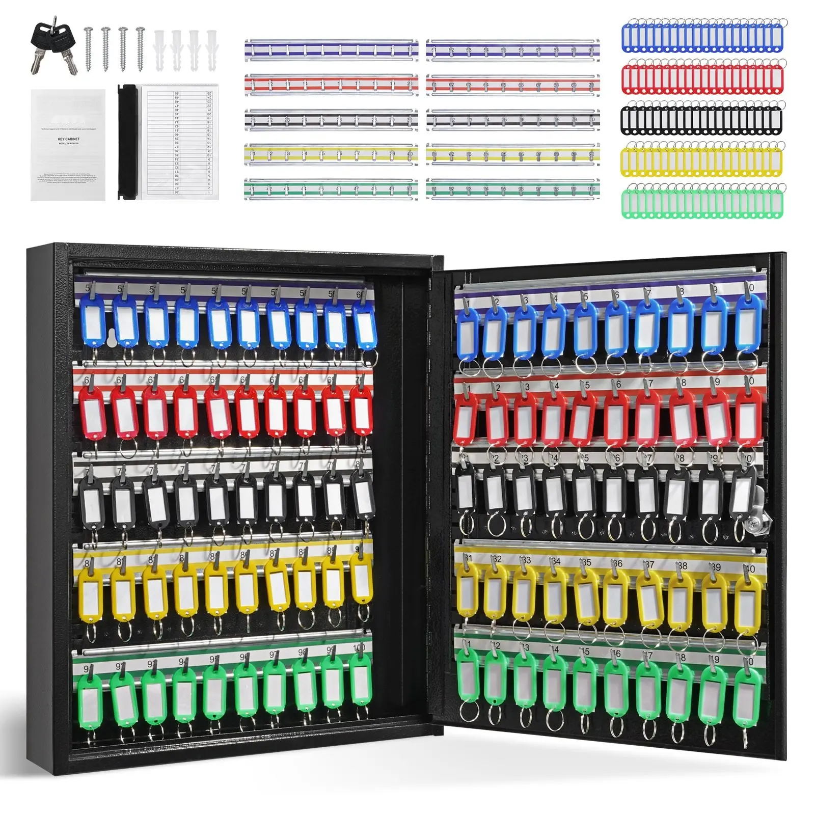 100-Key Cabinet with Adjustable Racks and Locking Lid, Steel Key Storage Box, Secure Key Organizer with 100 Color-Coded Tags and 2 Record Cards, Heavy-Duty Construction, Ideal for School, Office, Hotel, Facility