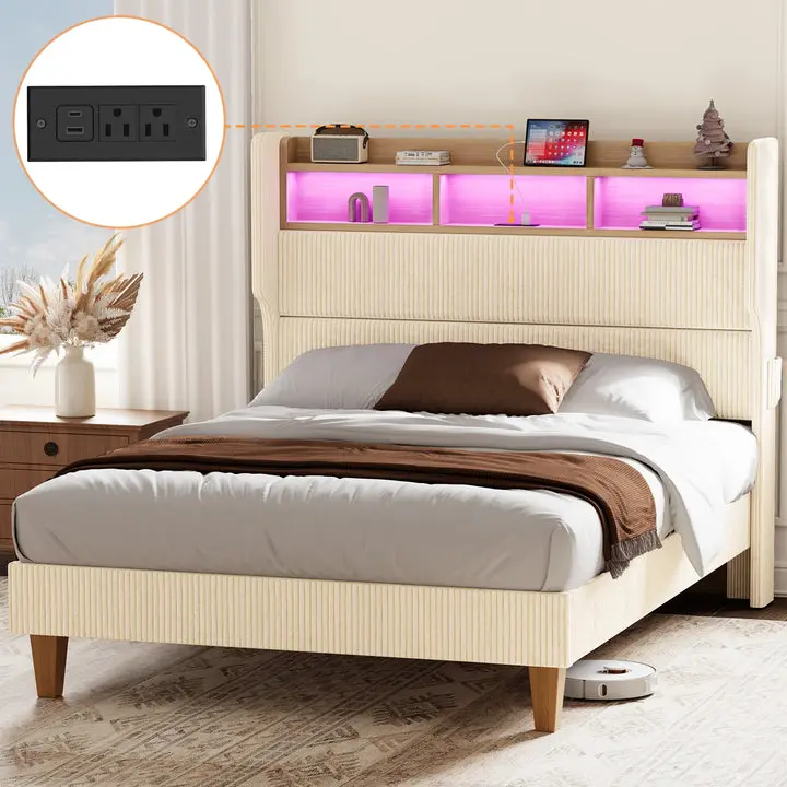 51" Corduroy Upholstered Bed Platform with 1-Tap Mood Lights, USB Port Charging Hub, Storage Shelf, Slatted Bed Base, Ultra-Stable Reinforced Metal Frame, Assembly Required, Hassle-Free Customer Support