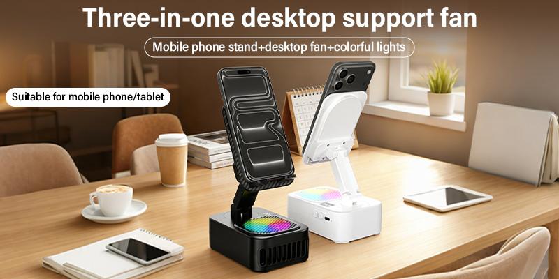 5-in-1 Portable Wireless Induction Audio Speaker Stand - 360° Adjustable Rechargeable Phone/Tablet Holder, Desk Fan,Gift for Men/Women for Office, Travel