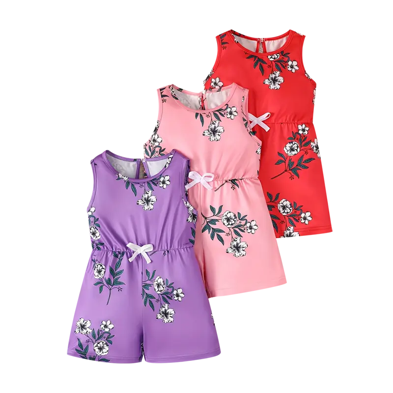 #SummerVibes 3-piece girl summer jumpsuit 4-12 years old girl printed elastic waist sleeveless vest children jumpsuit Beach cover-up jumpsuit Set Outfit Flora Set Fashion Style Sets