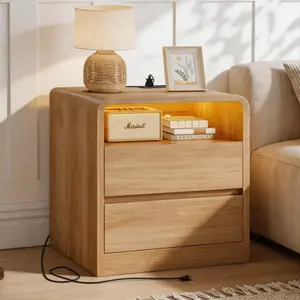Set of 2 Modern Solid Wood Nightstands, Natural Bedside Tables with Charging Station, RGB Lights, 2 Drawers and Storage Shelf for Bedroom, Office