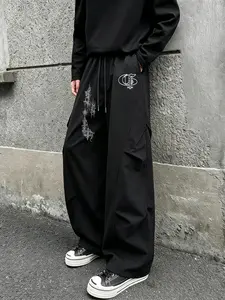 Dark Abstract Graffiti Cargo Pants, High Street Trendy Men's Fashion, Loose-Fitting Geometric Print, All Seasons Casual Trousers