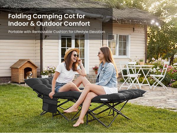 Camping Cot for Adults, 6 Angle Adjustable Folding Camping Bed with Mattress, Foldable Camping Bed for Camp, Office, Outdoor, Lightweight Camping Cot Supports 450 lbs