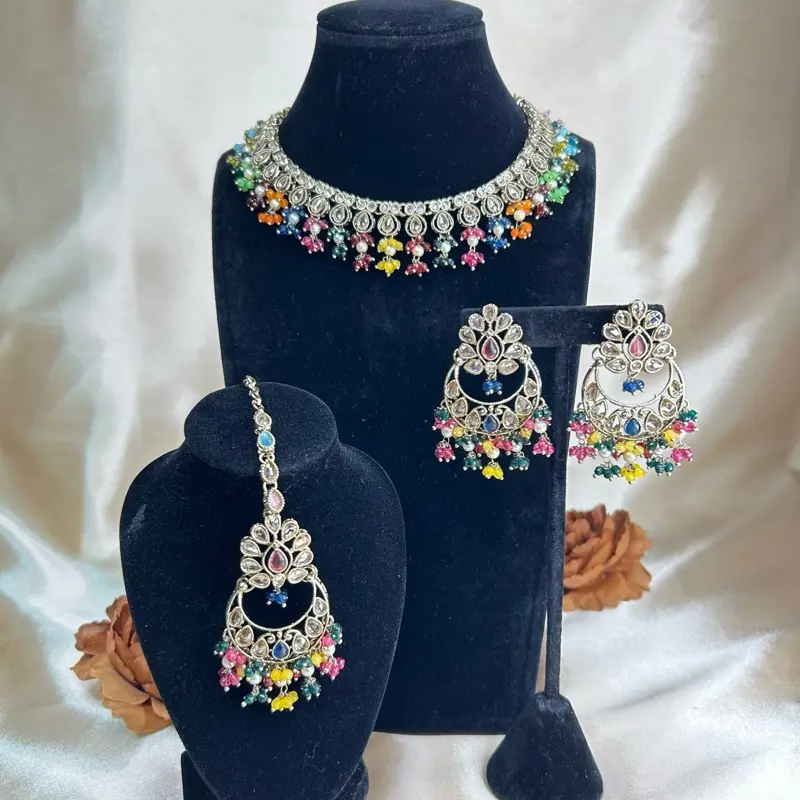Gold-Tone Sleek Polki 3-Piece Jewelry Set - Necklace, Earrings, and Tikka