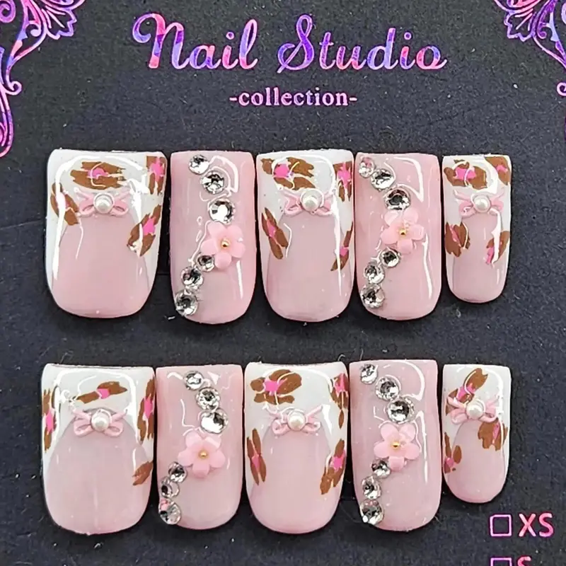 Custom Leopard Print French Tip Nails Set for Nail Art - Short Square Pink and White Press Ons