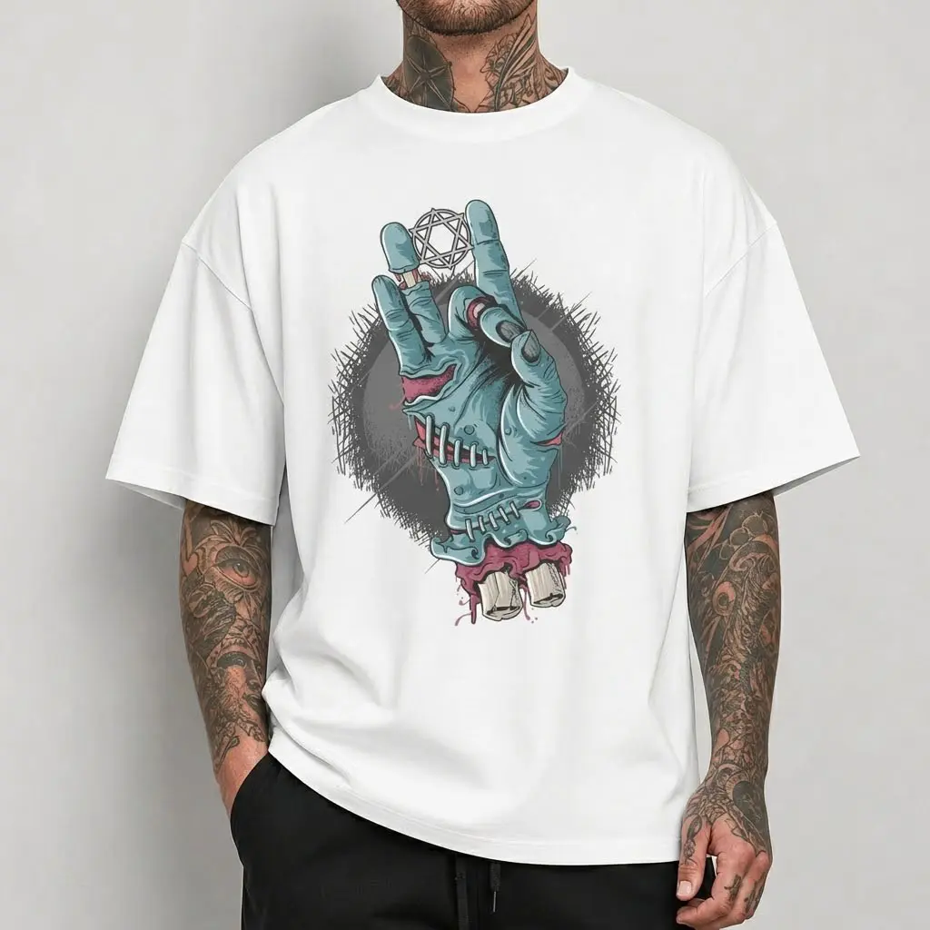 Vintage Scary Zombie Hand Star Graphic Tee Men Oversized White T-Shirt Edgy Y2K Streetwear Fashion Horror Monster Short Sleeve Top Casual Hip Hop Baggy Shirt Unique Aesthetic Fall Festival Party Wear