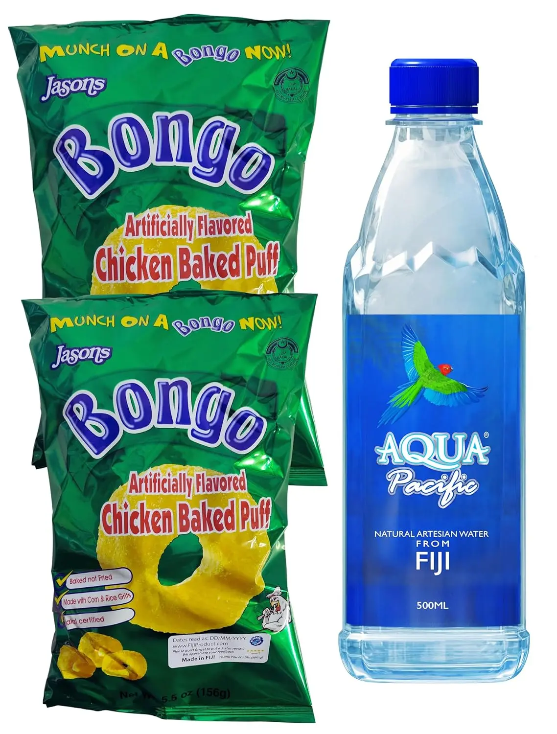 Combo Deal - Bongo Chicken Snack Puffs, Natural Bottled Water (2 Pack x 156g / 500 mL Bottle Water) Favorite Goodness Pacific Islanders HALAL