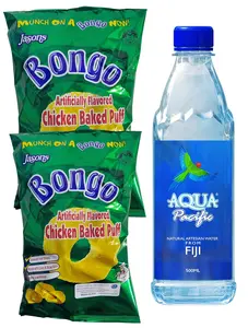 Combo Deal - Bongo Chicken Snack Puffs, Natural Bottled Water (2 Pack x 156g / 500 mL Bottle Water) Favorite Goodness Pacific Islanders HALAL
