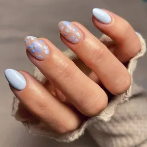 24pcs Beach Vacation Fake Nails, Baby Blue Nude Almond Shape, Hand Drawn Blue Flower Gold Foil, Flower Design Nails, Quick-Dry Removable Nail Art